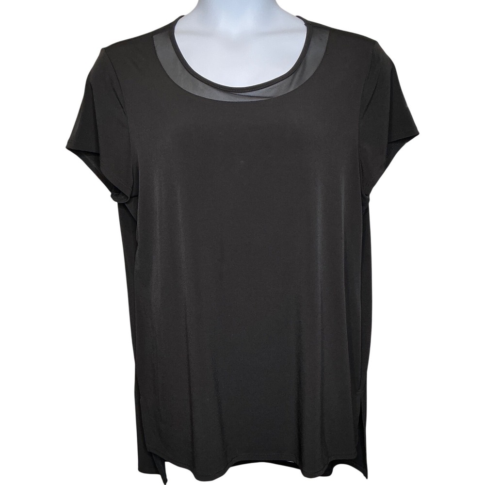 Chico's Womens Liquid Knit Black Mesh Neck Short Sleeve Tunic Top Size 3 XL‎